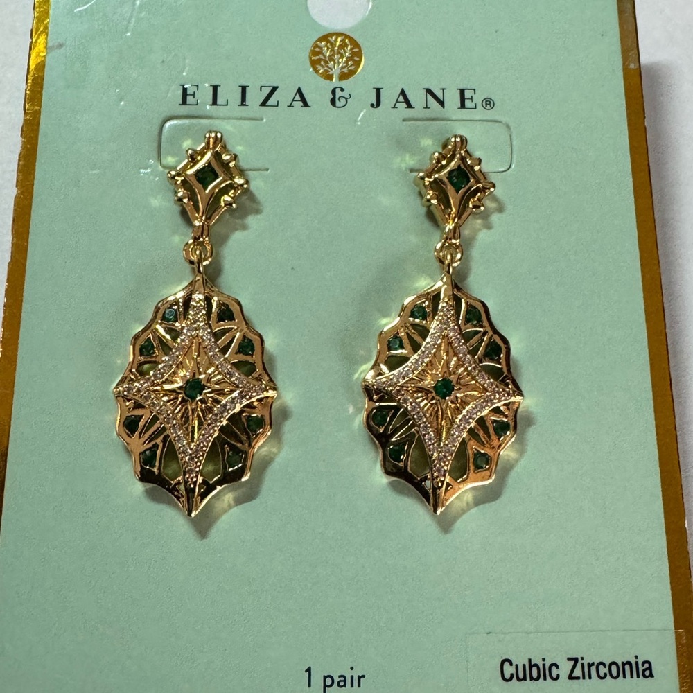 Eliza & Jane Gold Tone Fancy Shape Green Cubic Zirconia Accents Earrings New